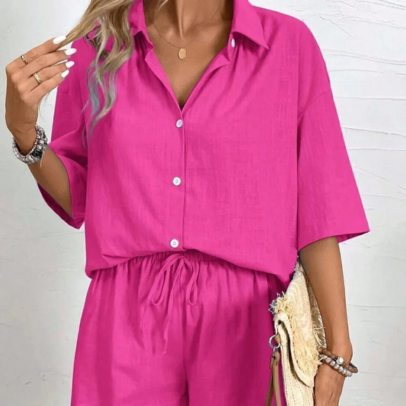 Hot Pink Casual Women's Summer Solid Color Drop-Shoulder Shirt And Loose Shorts - Picture 3 of 7